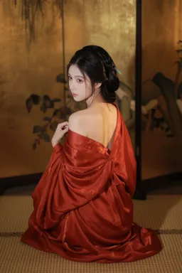AI hanfu sample — Back three-quarter portrait of a petite East-Asian woman in a pavilion