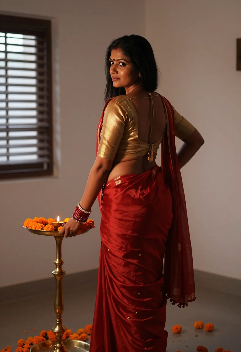 AI hindu puja sample — portrait of an adult woman, three-quarter-length rear portra