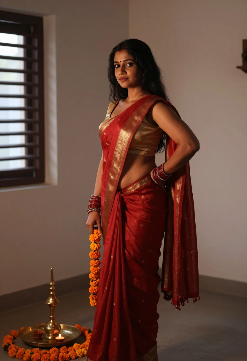 AI hindu puja sample — portrait of an adult woman, three-quarter-length side-profil