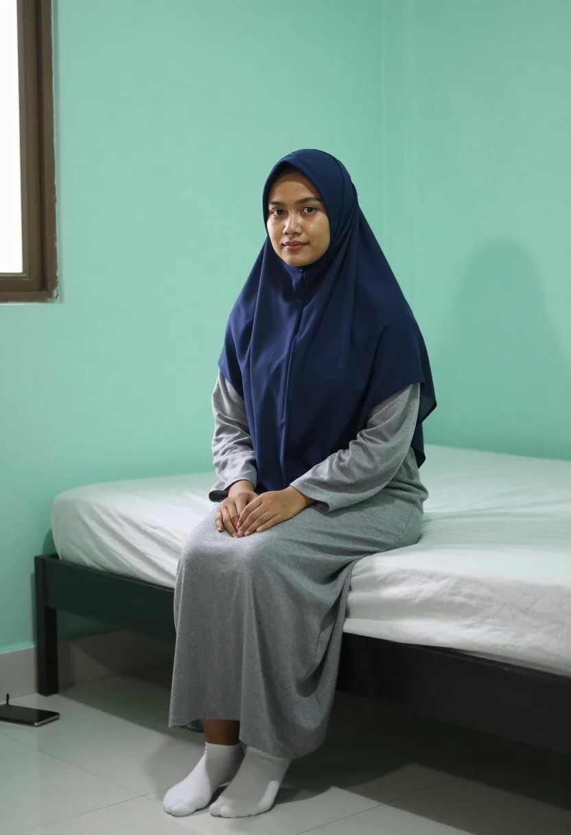 AI jilbab jakarta sample — portrait of a woman, seated on the edge of a single bed in a