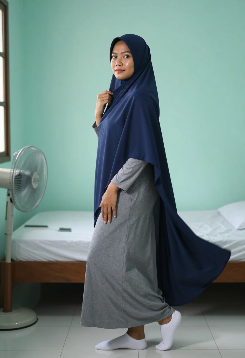AI jilbab jakarta sample — portrait of a woman, standing in full side profile in the dr