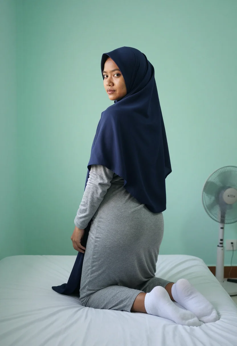 AI jilbab jakarta sample — portrait of a woman, kneeling upright in three-quarter-rear 