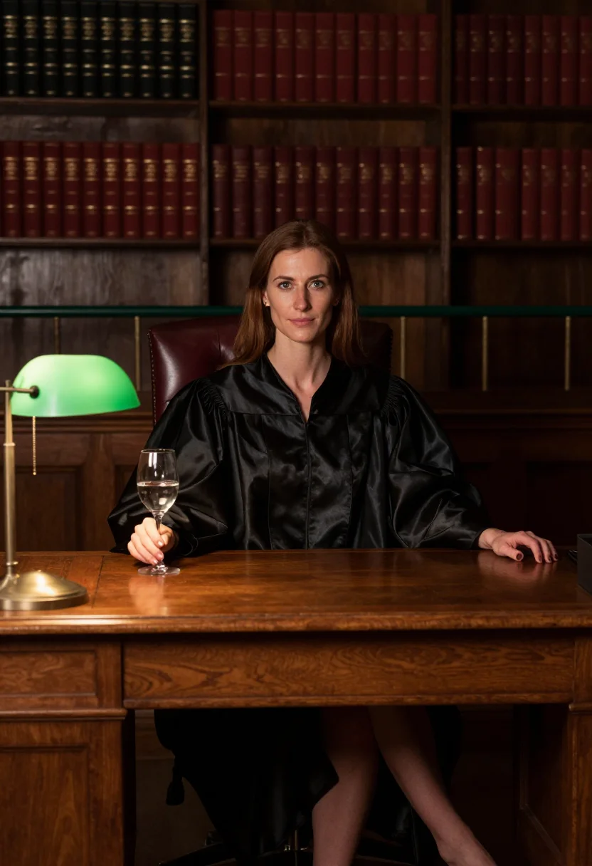 AI judge's chambers sample — portrait of an adult woman, full-length photograph of a Western-European woman in a judicial robe