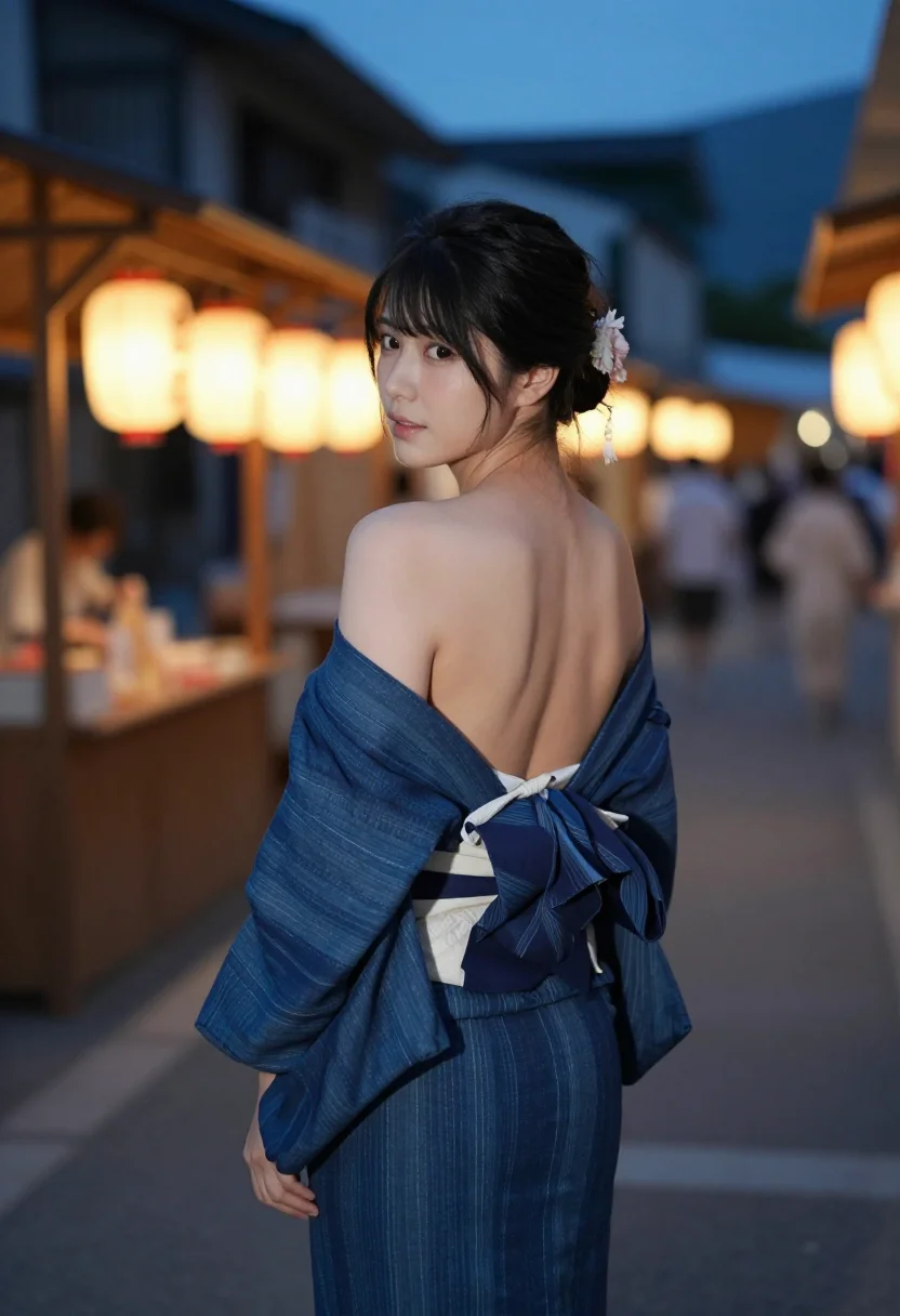AI kimono yukata sample — Back three-quarter portrait of a slender Japanese woman in a yukata