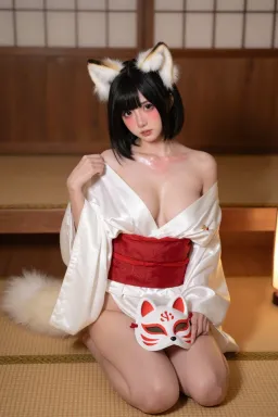 AI kitsune sample — Front-facing waist-up portrait of a petite East-Asian woman with a painted fox mask