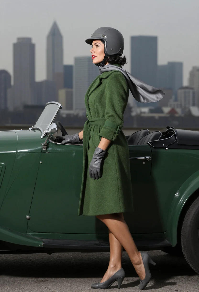AI art deco roadster sample — portrait of a woman, full-length side-profile portrait of a 