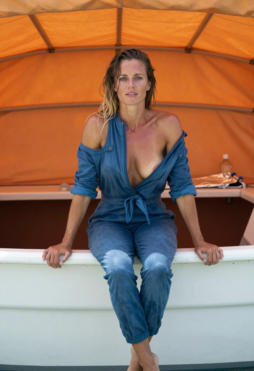 AI castaway sample — portrait of an adult Dutch woman, full-length portrait under the orange canopy