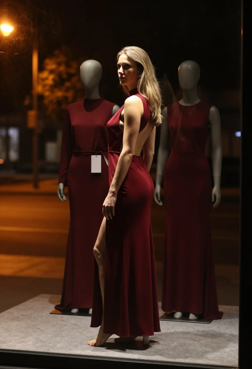 AI mannequin window sample — photograph of an adult woman, Western-European, with pale skin