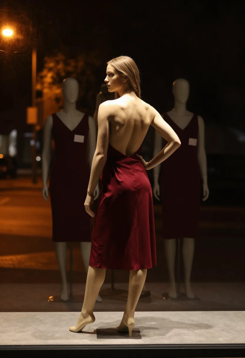 AI mannequin window sample — photograph of an adult woman, Western-European, with pale skin