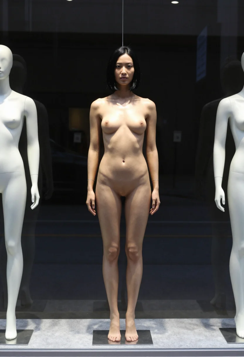 AI mannequin window sample — photograph of an adult woman, East-Asian, with warm golden skin