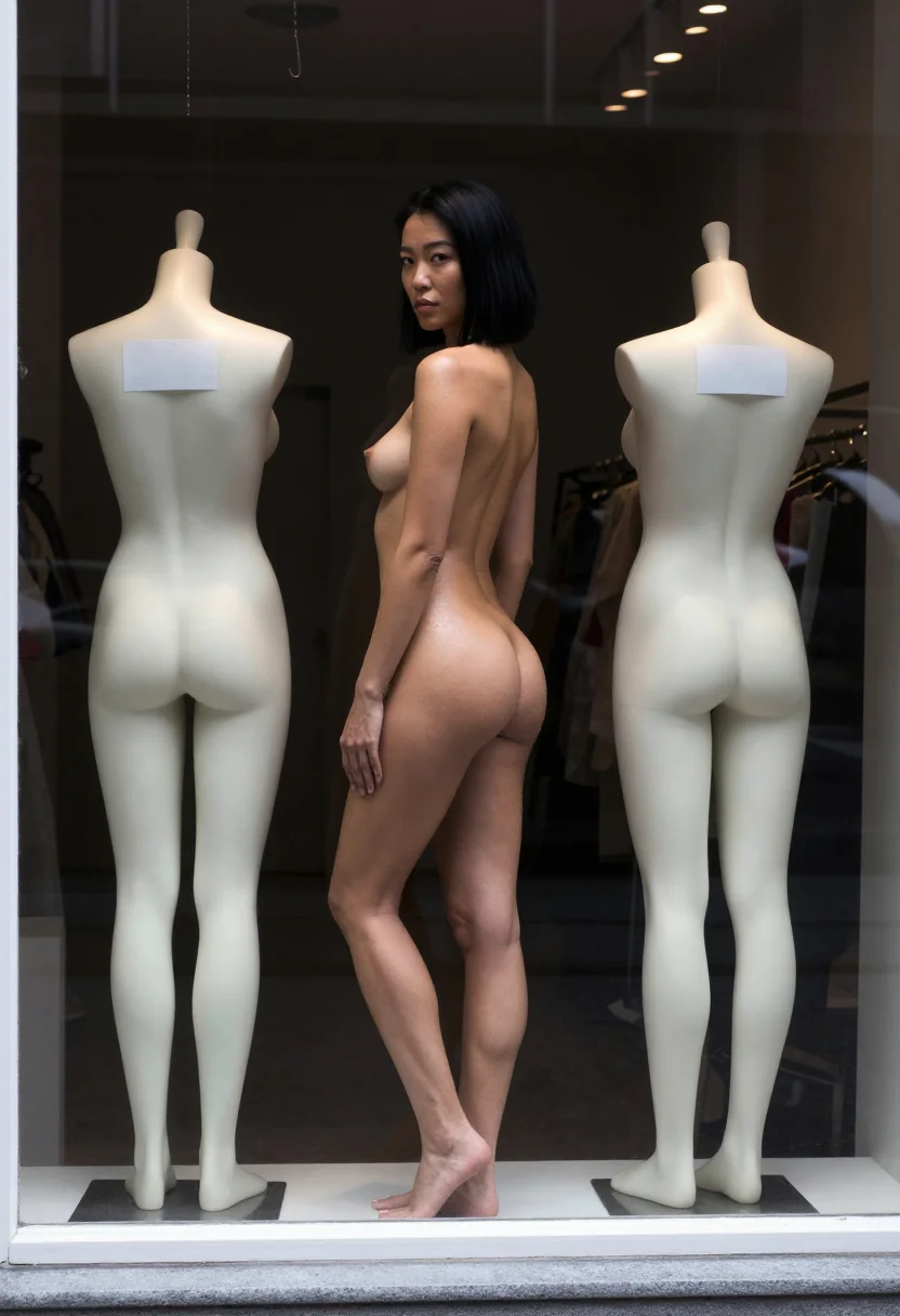 AI mannequin window sample — photograph of an adult woman, East-Asian, with warm golden skin