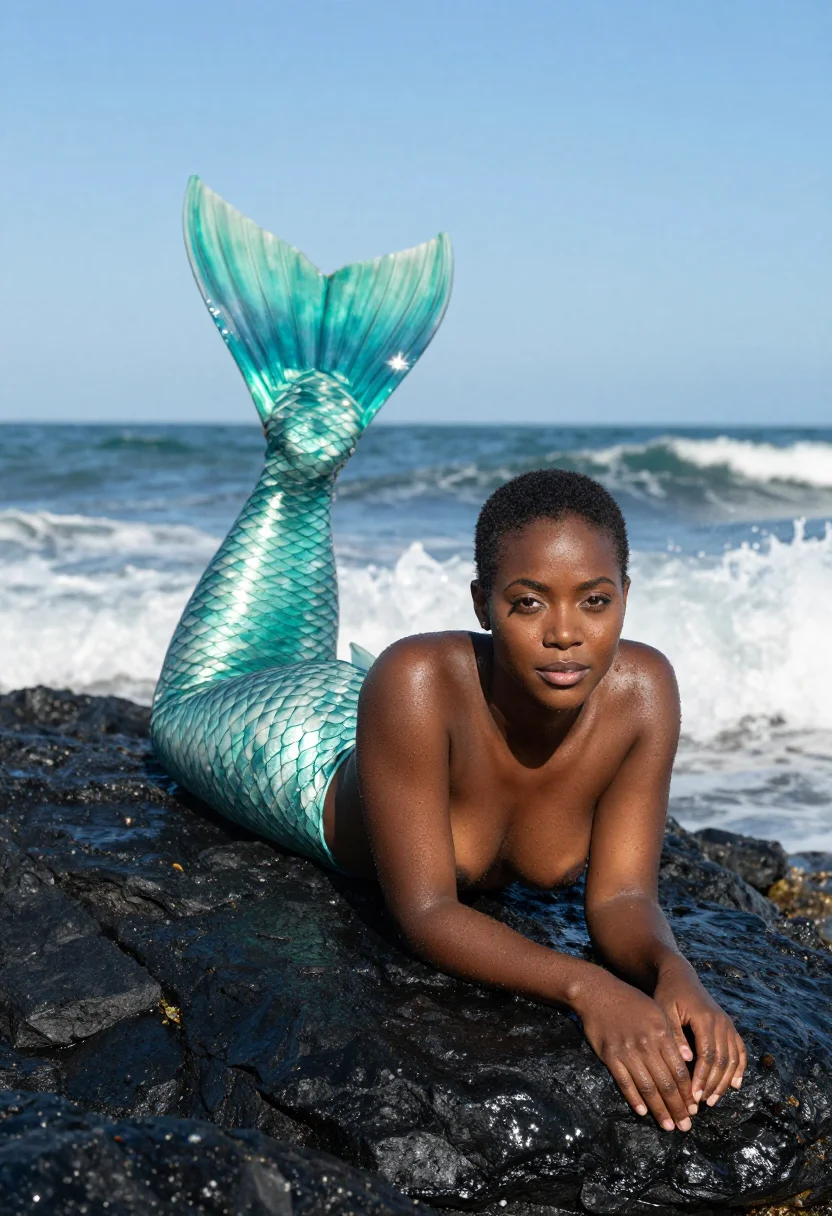 AI mermaid sample — Portrait of an athletic Black mermaid with deep brown complexion