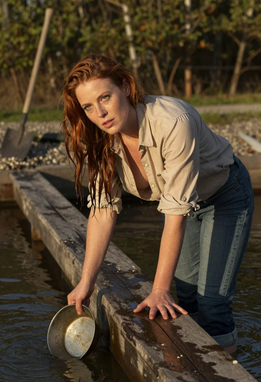 AI mining camp sample — photograph of a grown woman, Irish, with pale freckled skin,