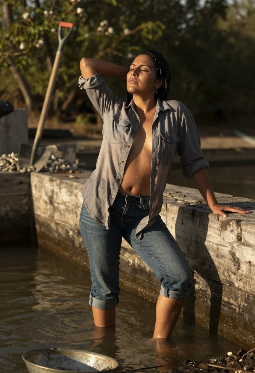 AI mining camp sample — photograph of a grown woman, Chilean, with warm olive skin, 