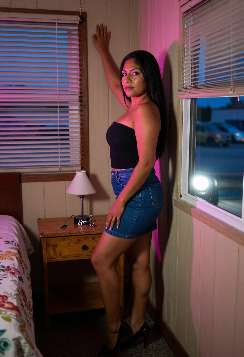 AI motel room sample — portrait of a woman, three-quarter-length side portrait of a