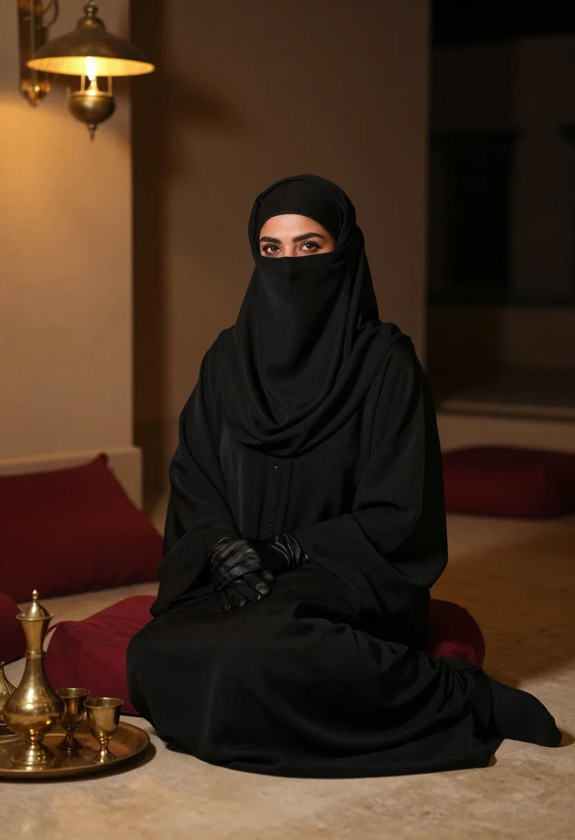 AI niqab gloves sample — portrait of a woman, an adult Gulf-Arab woman with warm oliv