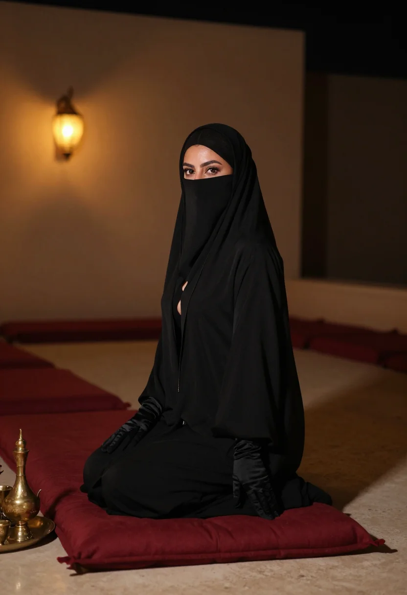 AI niqab gloves sample — portrait of a woman, an adult Gulf-Arab woman with warm oliv