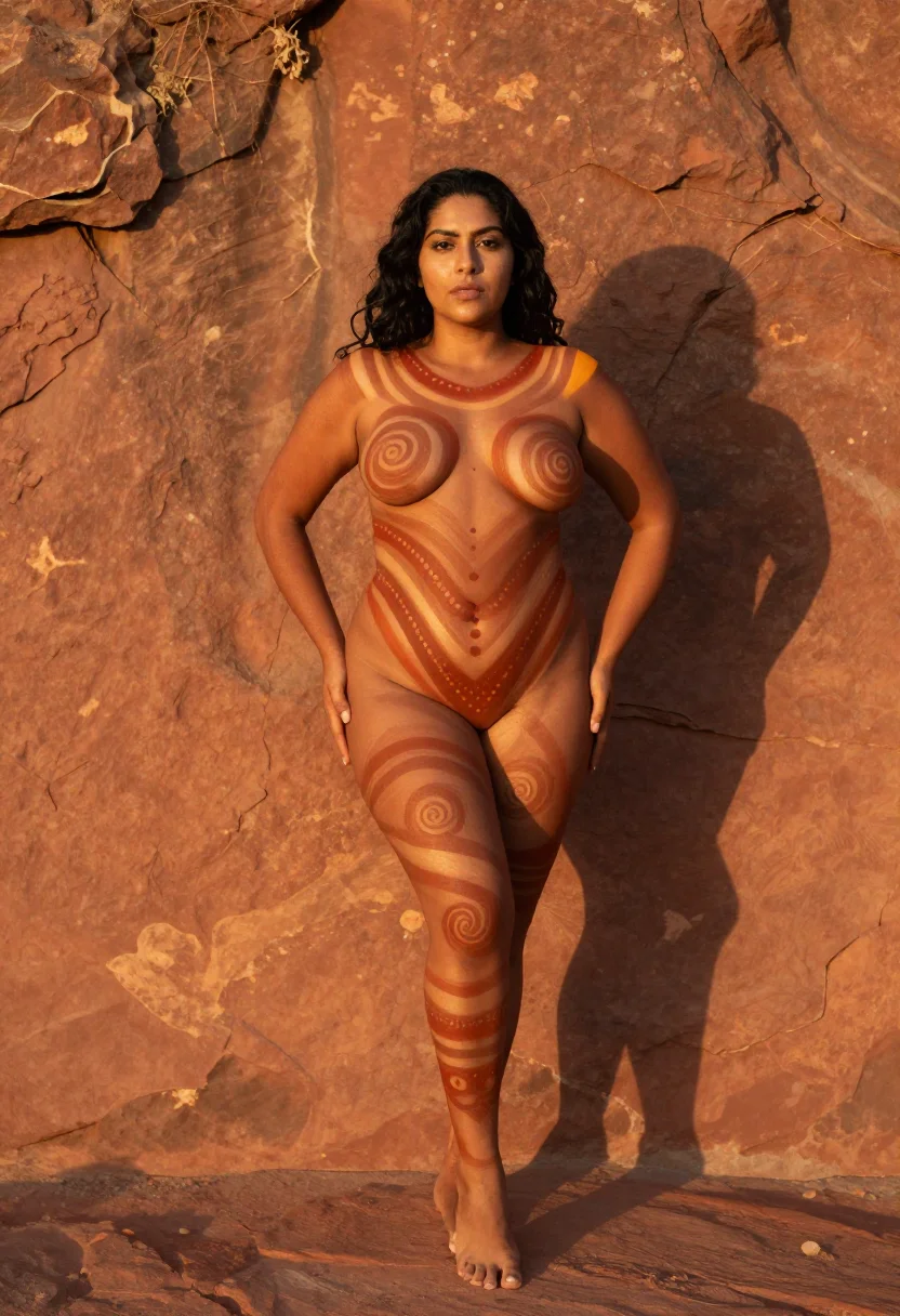 AI body paint sample — Full-length portrait of a curvy warm-brown Latina woman stan