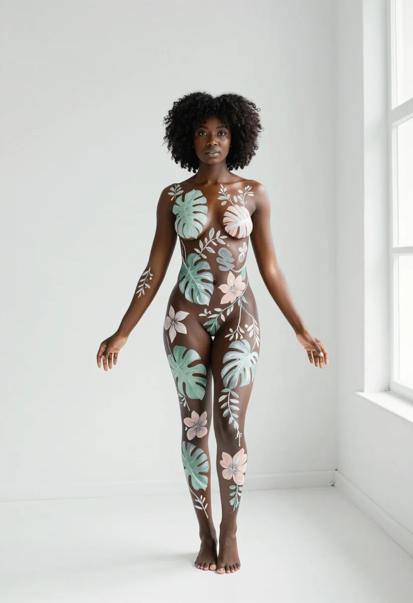 AI body paint sample — Full-length portrait of an athletic deep-brown-skinned Black