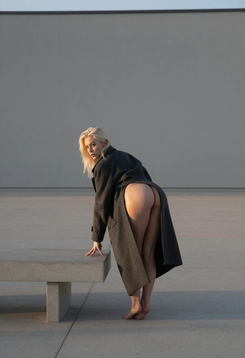 AI brutalism sample — portrait of a woman, three-quarter-length rear view of a Nor