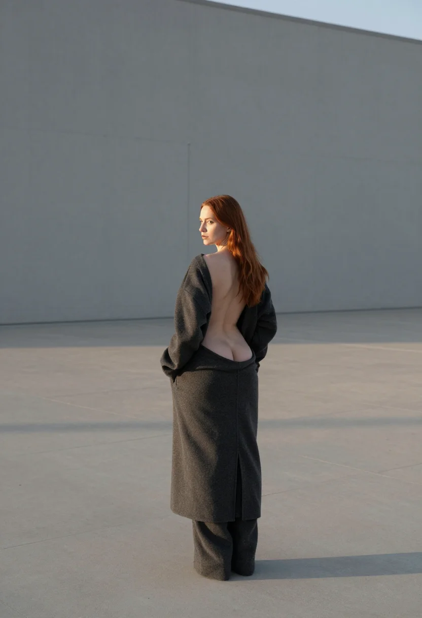AI brutalism sample — portrait of a woman, full-length rear view of a woman with a