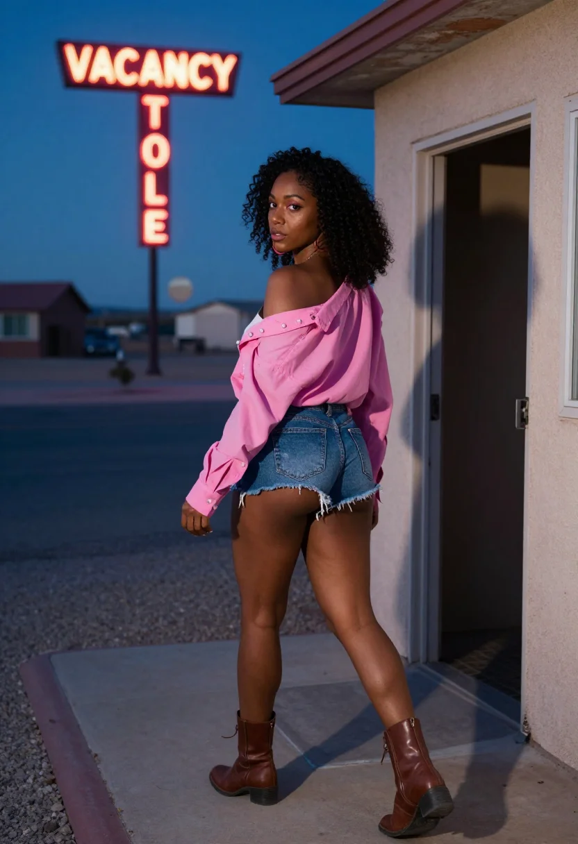 AI desert motel sample — Back three-quarter portrait of a toned Black American woman