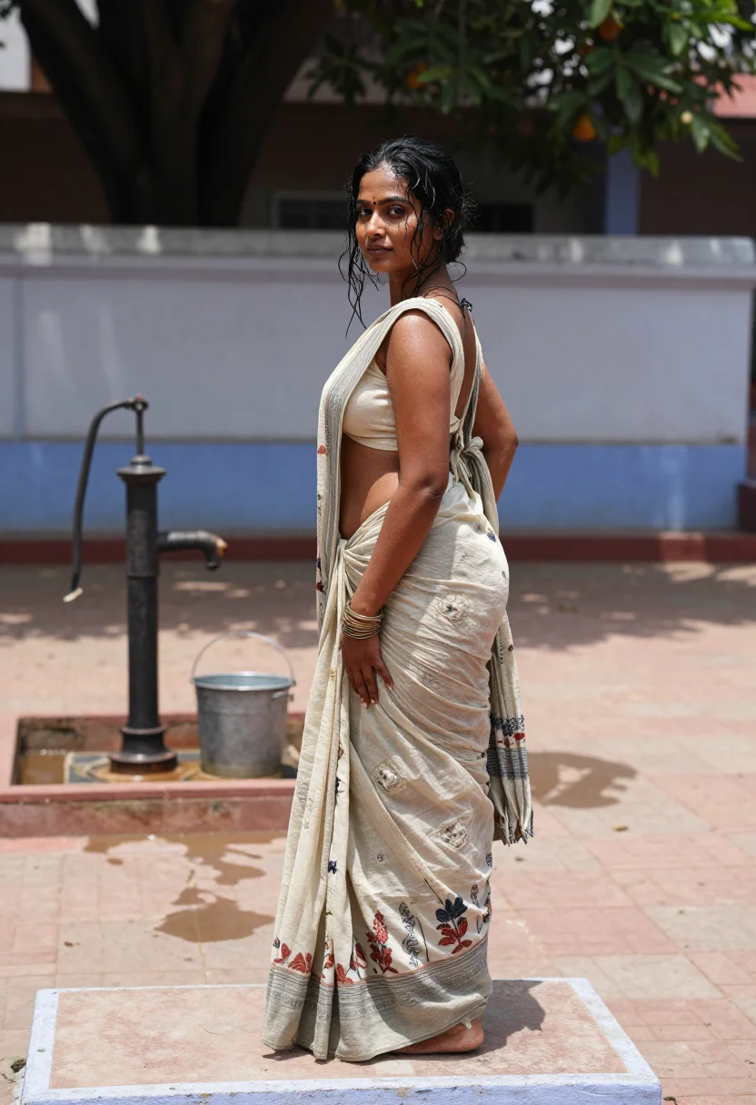 AI desi bhabhi sample — photograph of a woman, deep warm-brown skin, long black hair