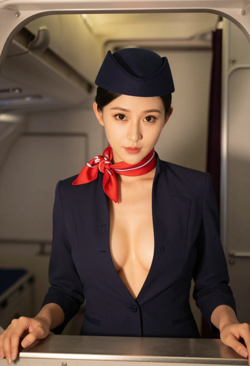 AI flight attendant sample — Front-facing half-length portrait of a petite East-Asian wom