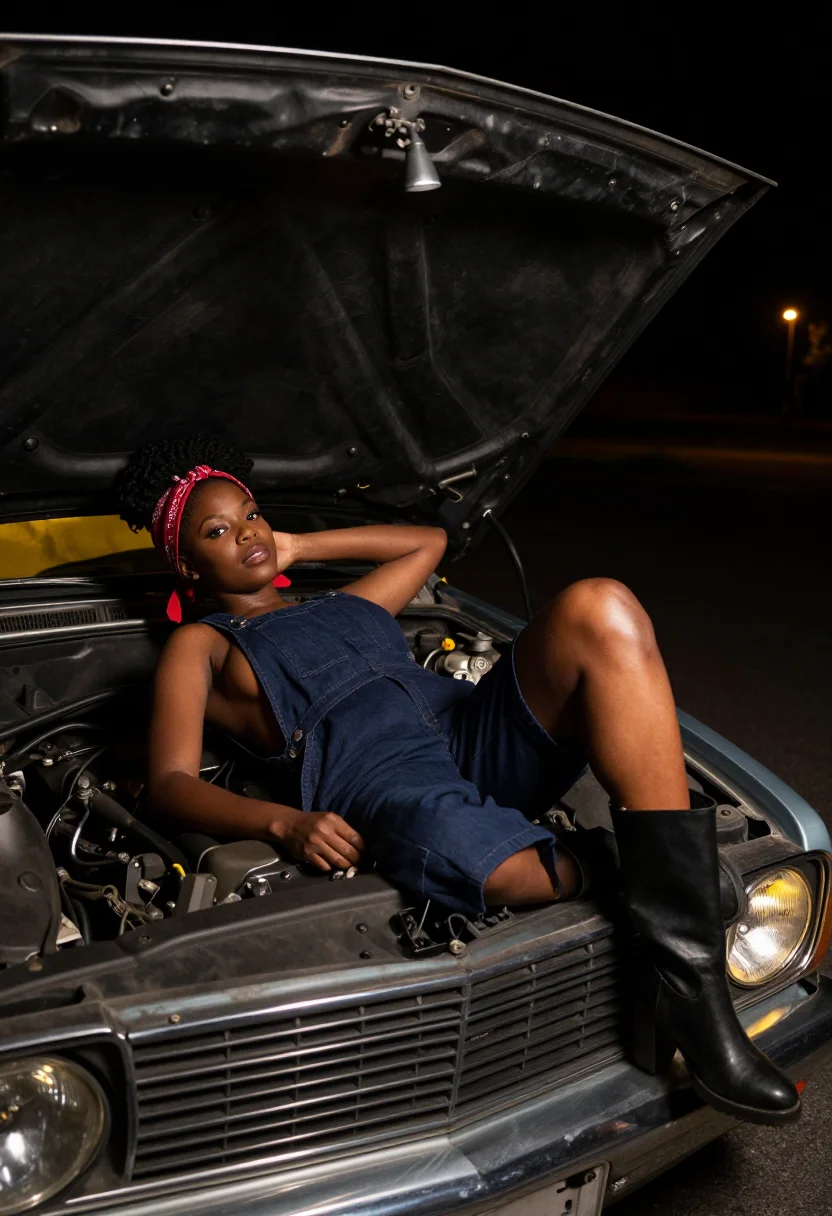 AI garage jumpsuit sample — photograph of a woman, full-length view across the bonnet of