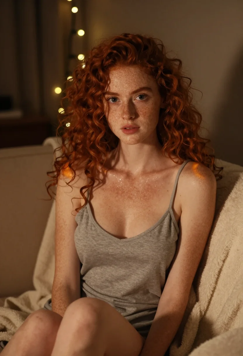 AI girlfriend cozy sample — Three-quarter portrait of a slim freckled Celtic redhead wit