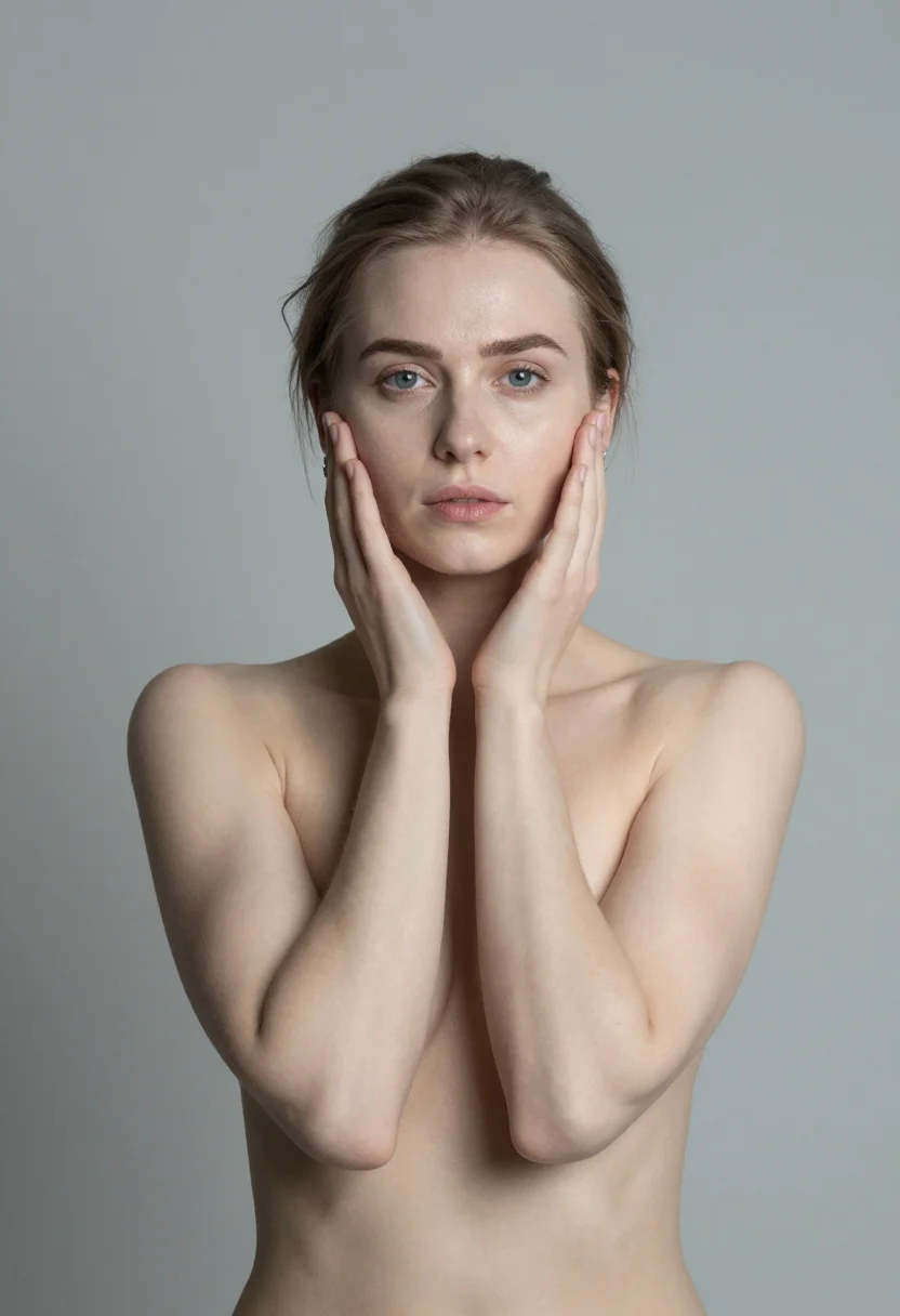 AI glamour studio sample — Half-length portrait of an athletic pale-complexioned Slavic