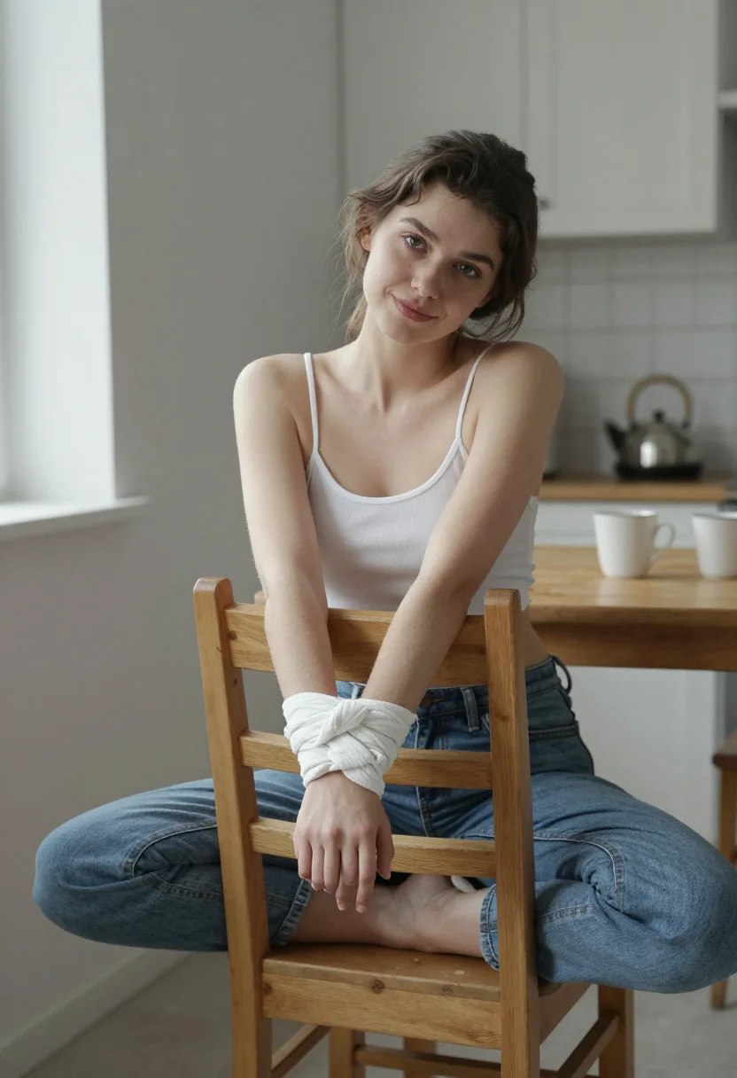AI hands tied sample — portrait of a woman, with fair skin and mid-brown hair in a