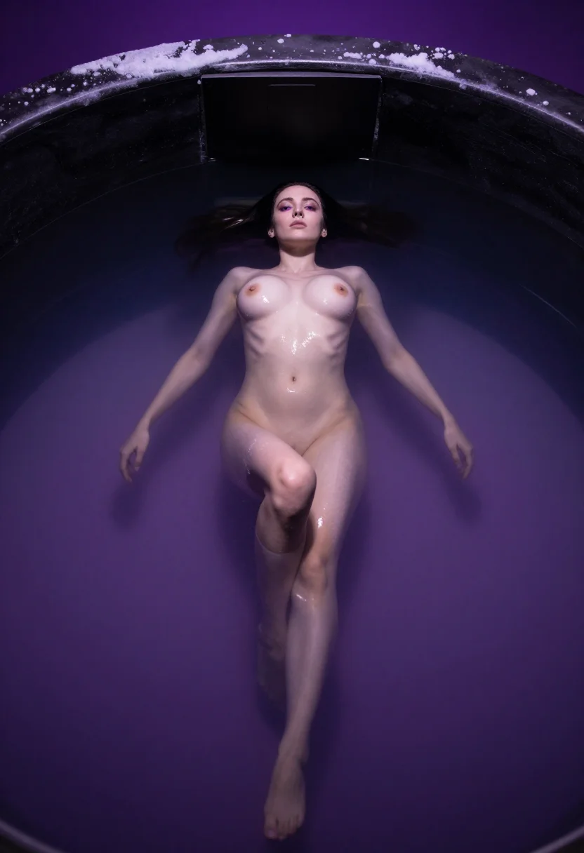 AI ice bath sample — portrait of a woman, with pale skin and long dark hair float