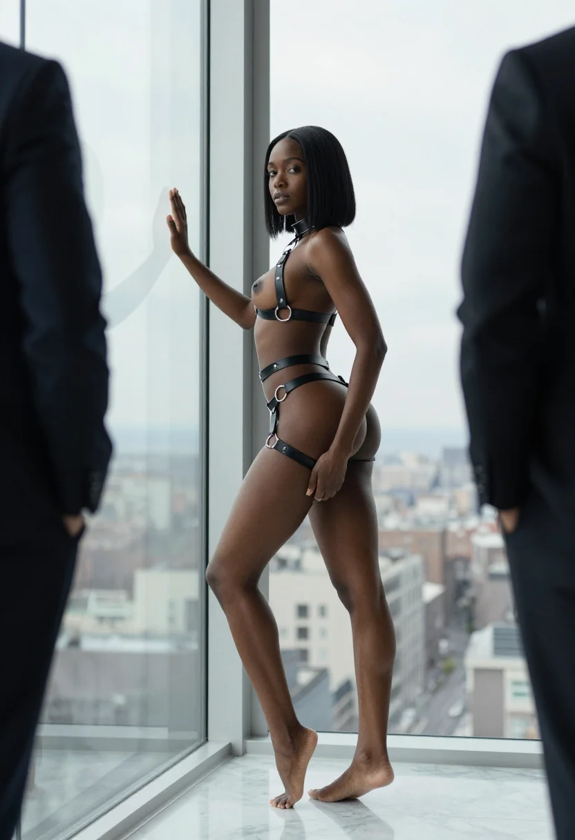 AI leather harness sample — Side portrait of an athletic Black woman with deep brown com
