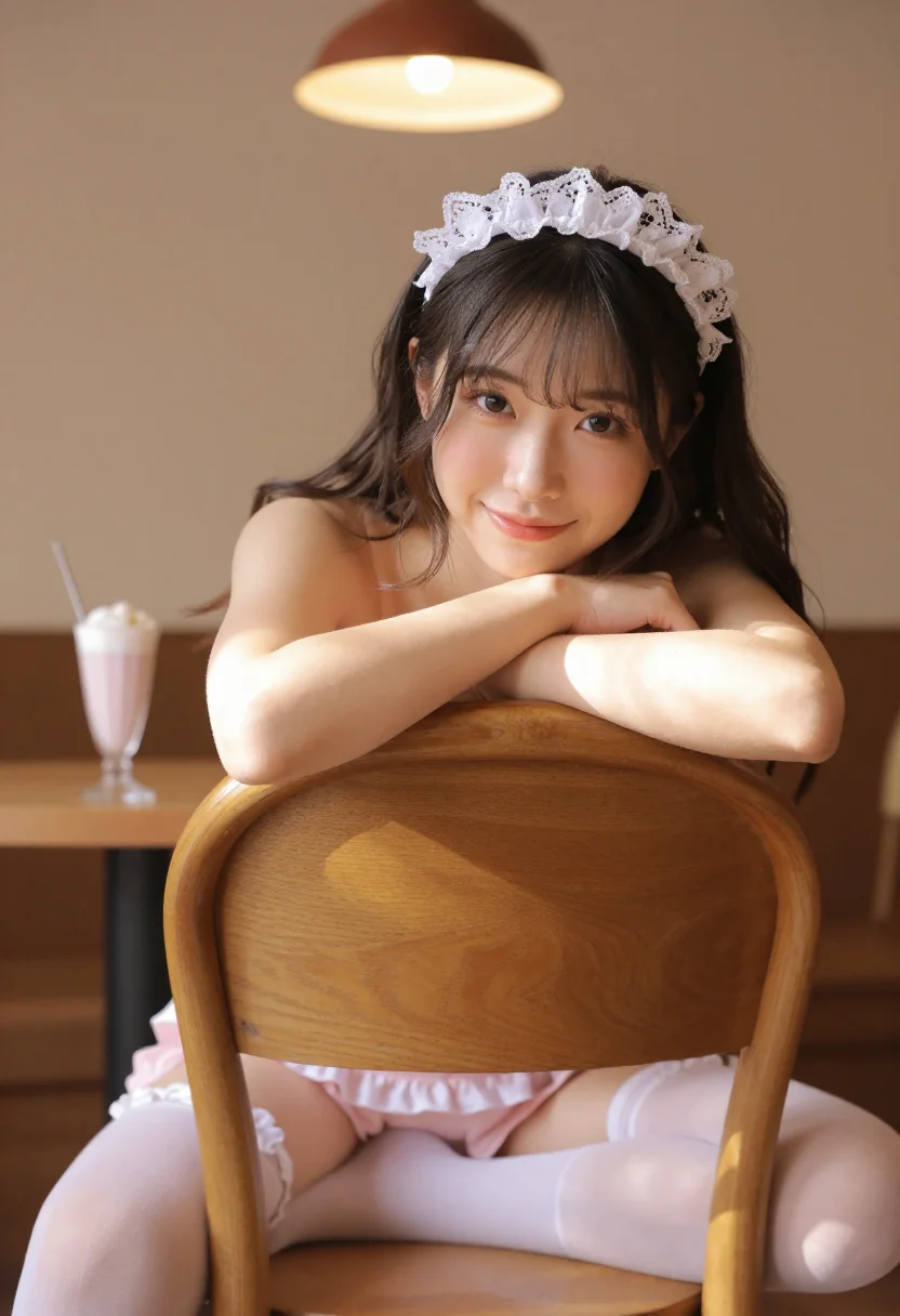 AI maid cafe sample — Portrait of a grown woman in their mid-twenties, a slim Japa