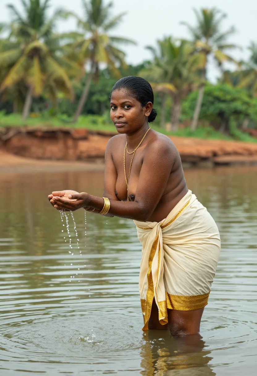 AI mallu aunty sample — photograph of a woman, warm brown skin, oiled black hair coi