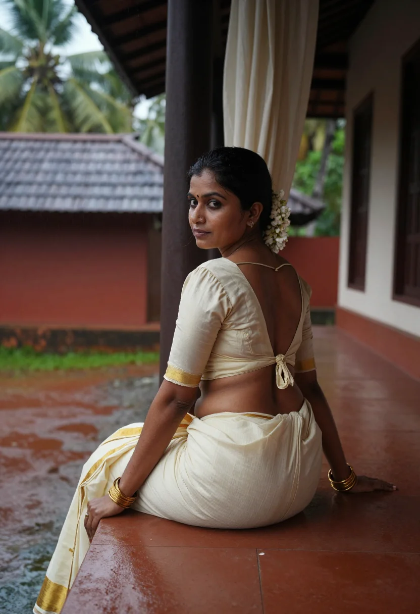 AI mallu aunty sample — photograph of a woman, warm brown skin, oiled black hair coi