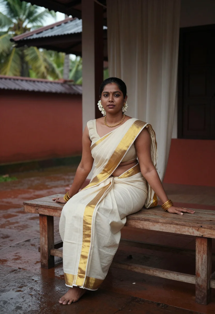 AI mallu aunty sample — photograph of a woman, pale golden-brown skin, oiled black h