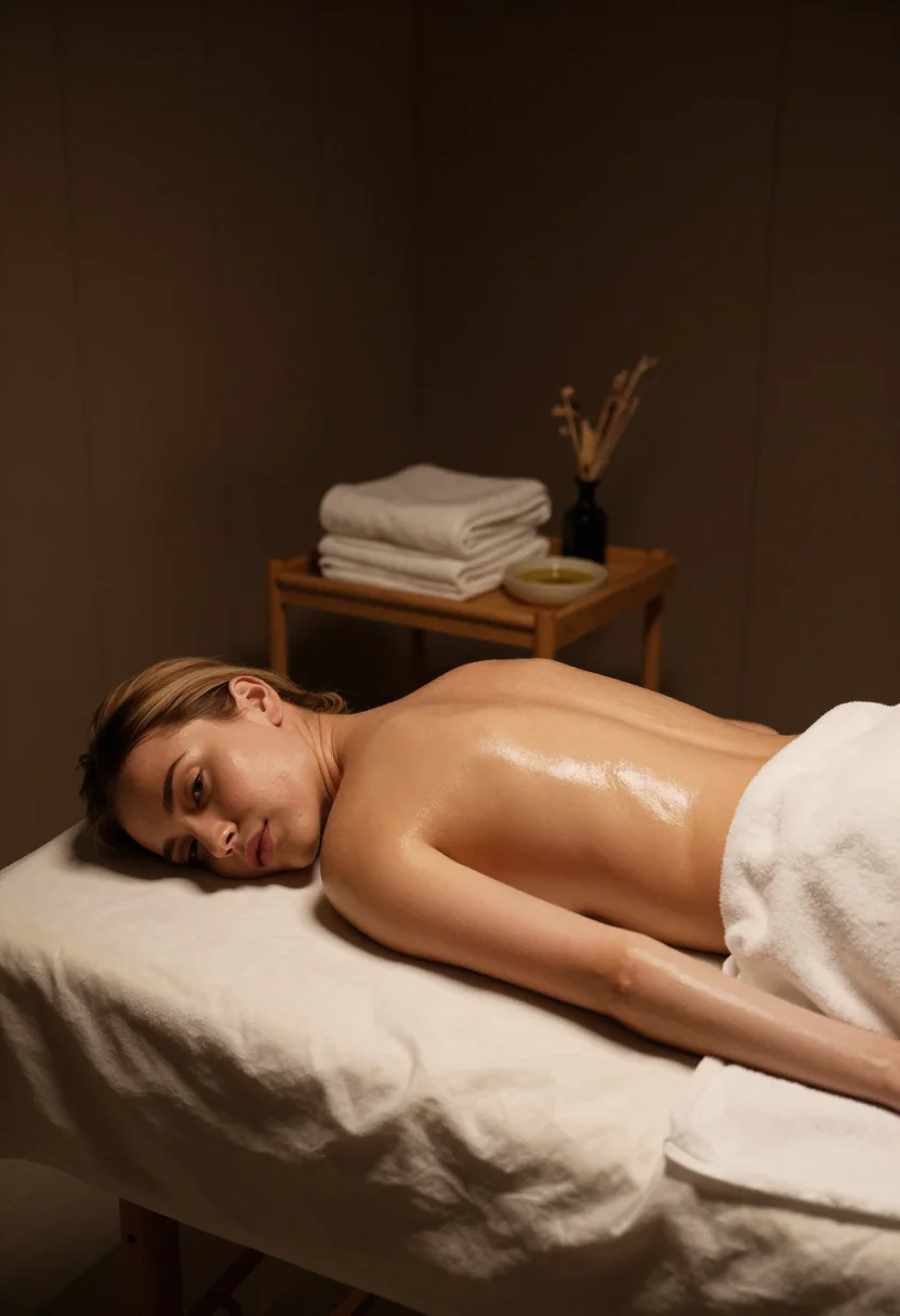 AI massage table sample — portrait of a woman, with pale skin oiled to a low sheen and