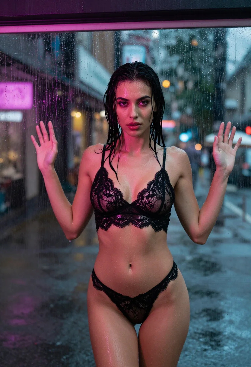 Example portrait from the AI Neon Rain Nudes — Wet Lingerie Photoshoot Pack
