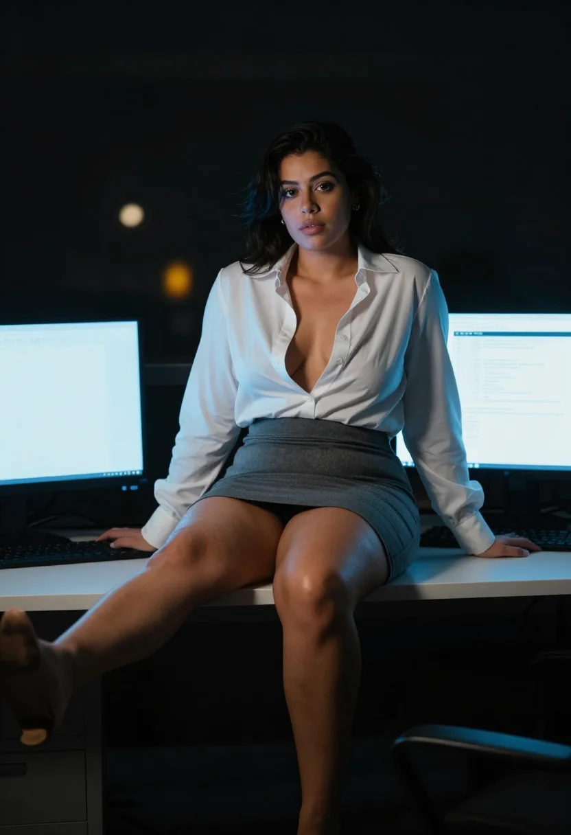 AI night shift office sample — Portrait of a curvy Latina woman with warm golden-brown comp