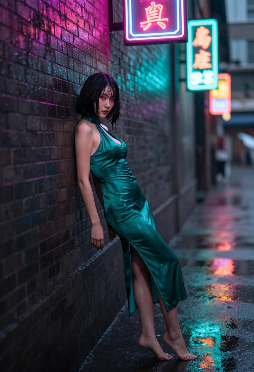 AI qipao neon sample — Side portrait of a slender Chinese woman with fair porcelain