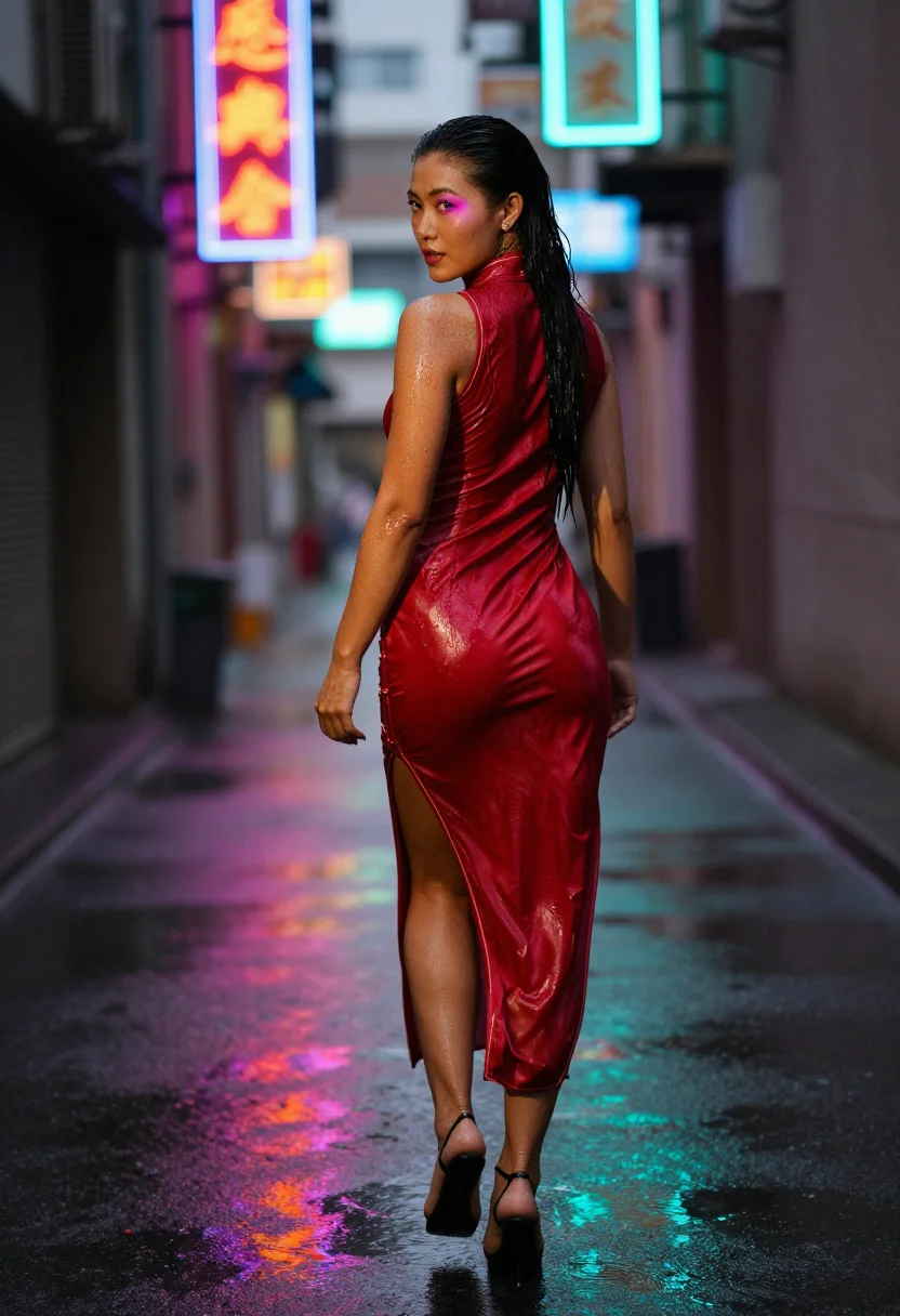 AI qipao neon sample — Back three-quarter portrait of a toned Chinese woman with wa