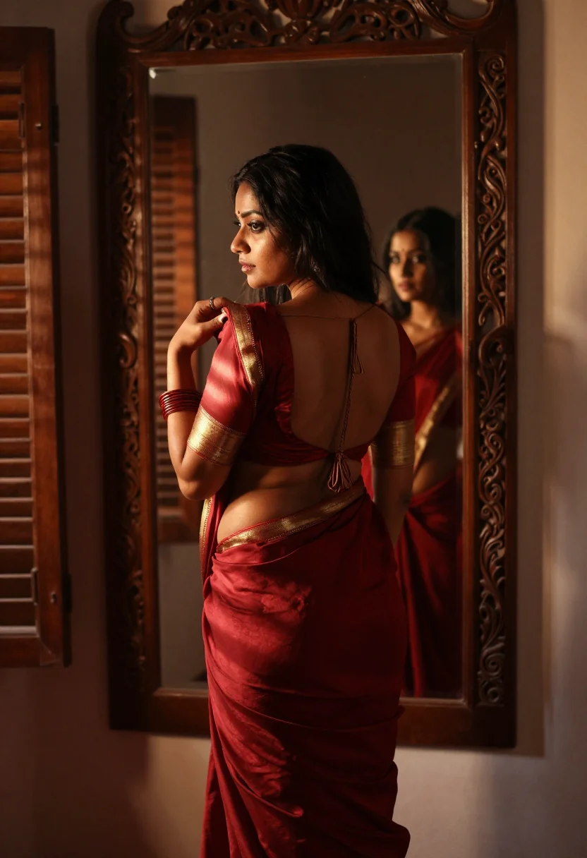 AI saree sample — photograph of a woman, warm deep-brown skin and long black h