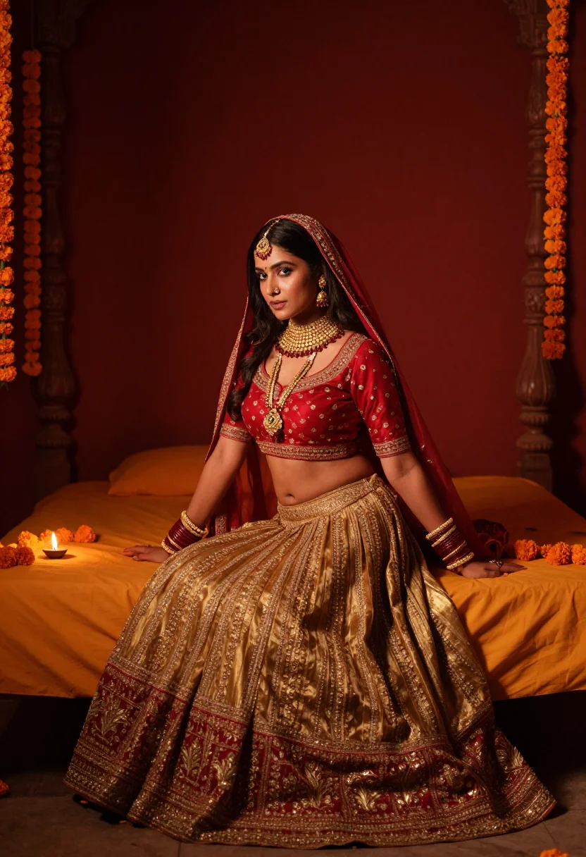AI suhagraat sample — photograph of a woman, warm wheat-brown skin and long black