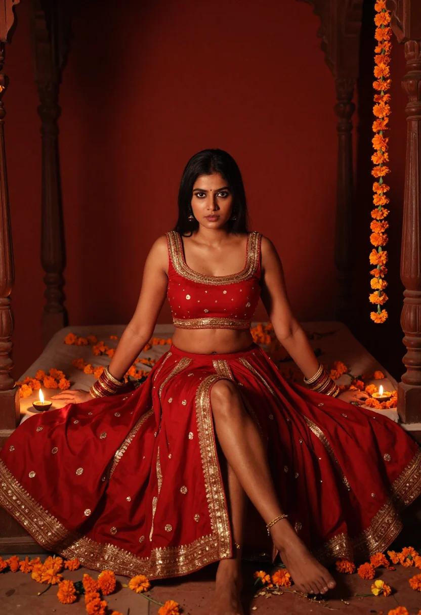 AI suhagraat sample — photograph of a woman, warm wheat-brown skin and long black