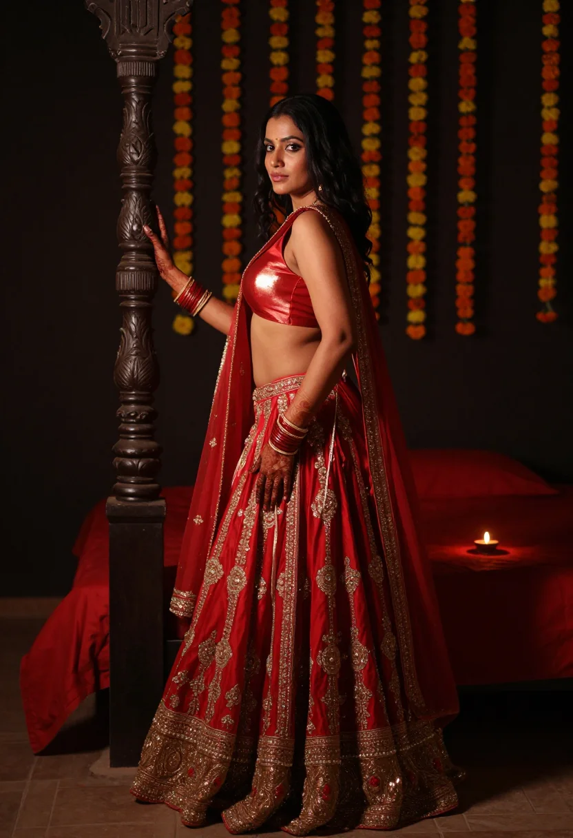 AI suhagraat sample — photograph of a woman, warm wheat-brown skin and long black