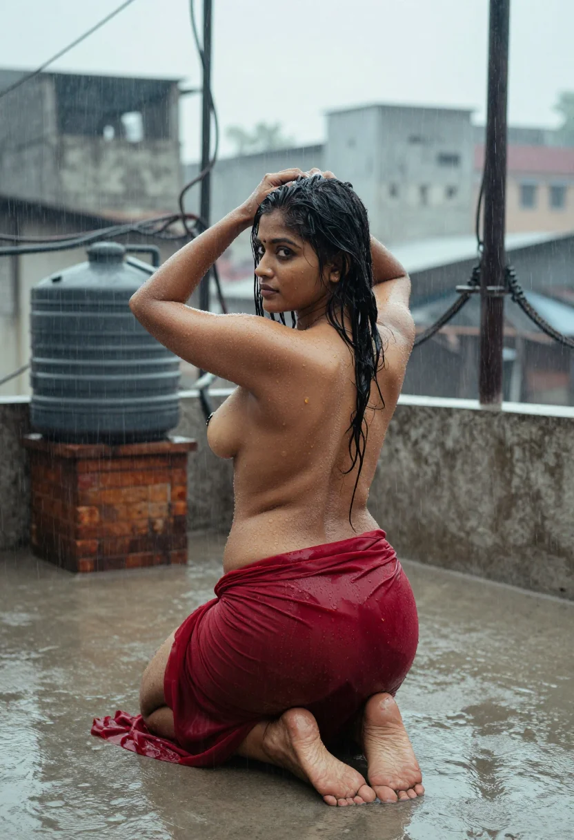 AI wet sari sample — Photograph of a grown woman, North Indian, with warm brown s