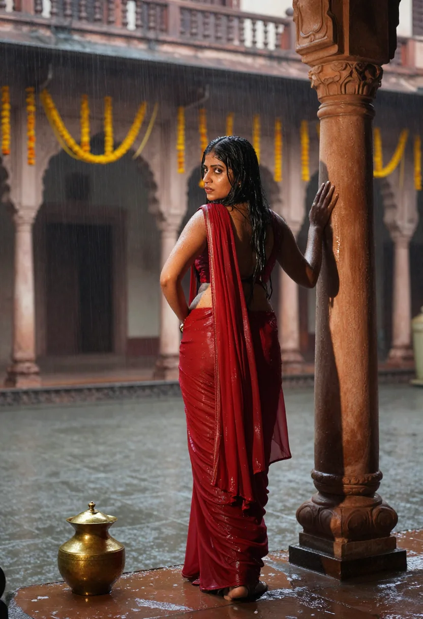 AI wet sari sample — Photograph of a grown woman, North Indian, with warm brown s