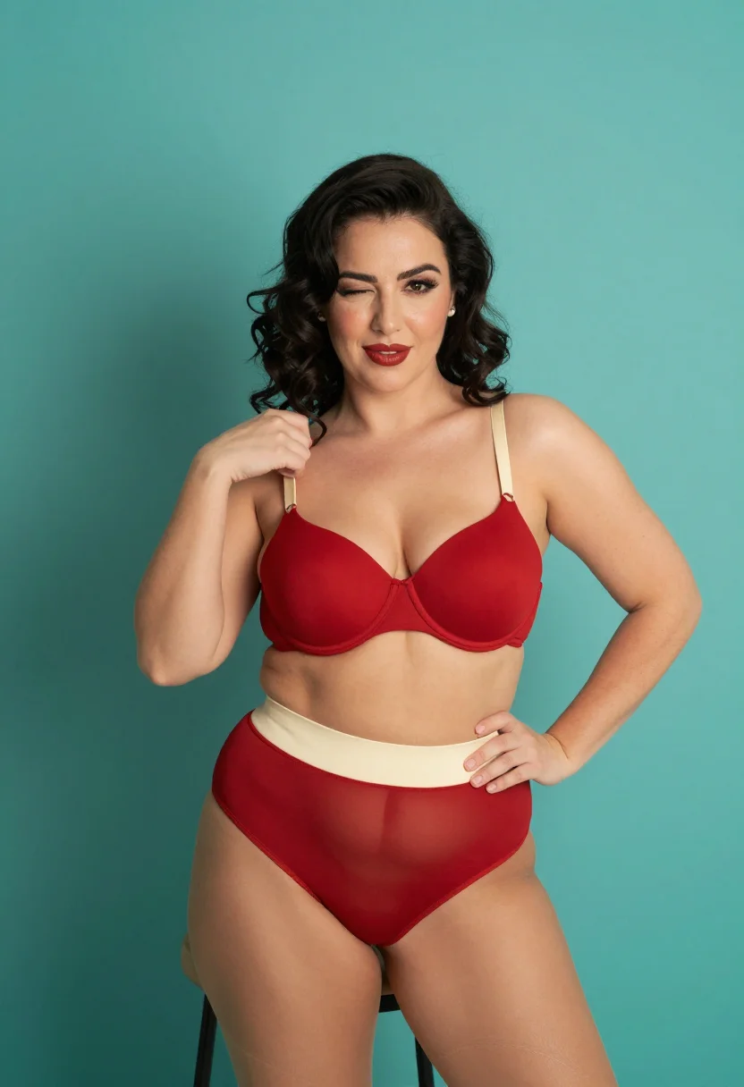 AI pin up sample — Half-length portrait of a curvy olive-toned Mediterranean woman in red gingham
